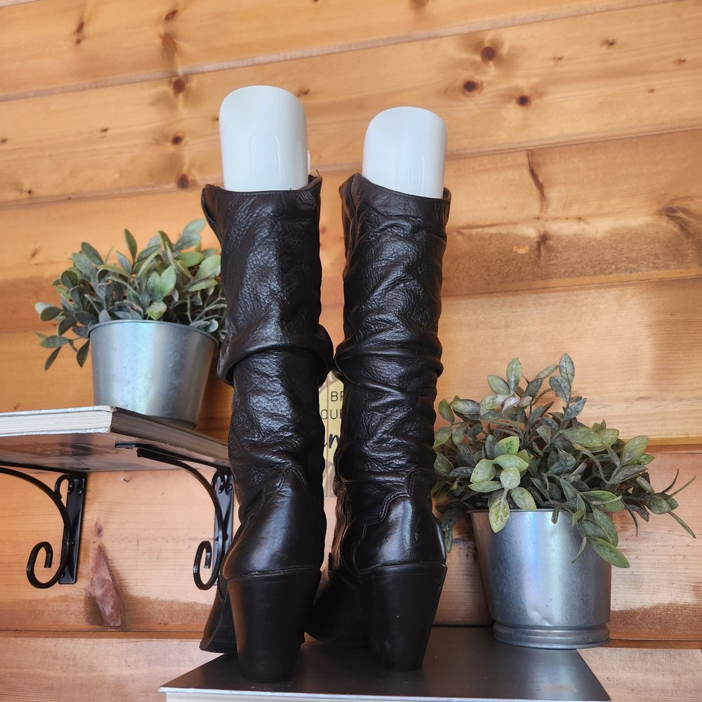 Vibram Sole Vintage Black Leather Western Slouch Heel Cowgirl Boots Festival 6M - Picture 6 of 9